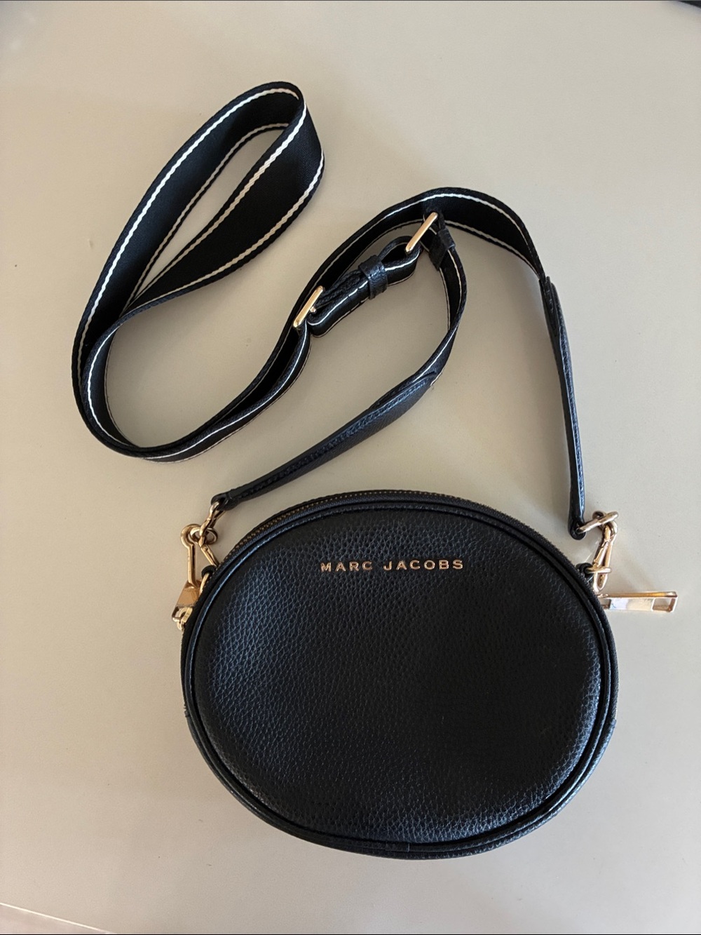 Marc Jacobs Black Pebbled Leather Round Crossbody with Gold Hardware
